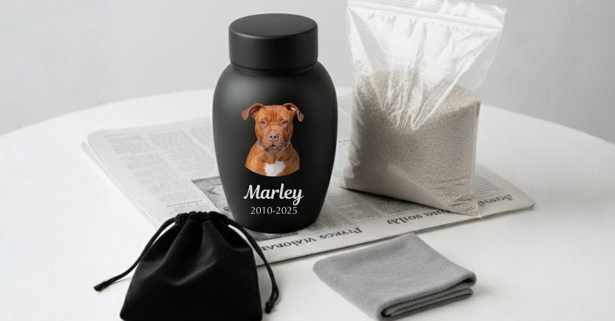A personalised black pet urn for a dog named Marley, set up on a workspace with a bag of ashes, a velvet pouch, and a soft cloth