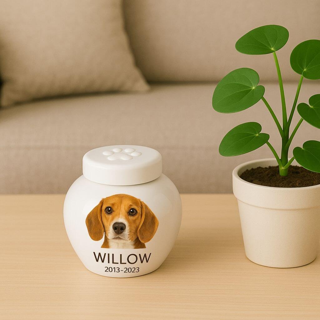 Personalised Ceramic Dog Urn with Photo –  Pet Cremation Urn for Ashes with Name & Dates