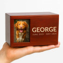 Personalised Wooden Dog Urn Box with Photo – Engraved Memorial Box for Ashes with Name & Dates