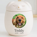 Personalised Ceramic Dog Urn with Sleeping Pet Lid – Cremation Urn for Ashes with Dog's Photo & Details in a Halo Frame
