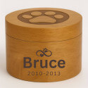 Personalised Wooden Dog Urn with Infinity Paw Heart – Engraved Pet Memorial Urn with Name & Dates