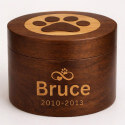 Personalised Wooden Dog Urn with Infinity Paw Heart – Engraved Pet Memorial Urn with Name & Dates
