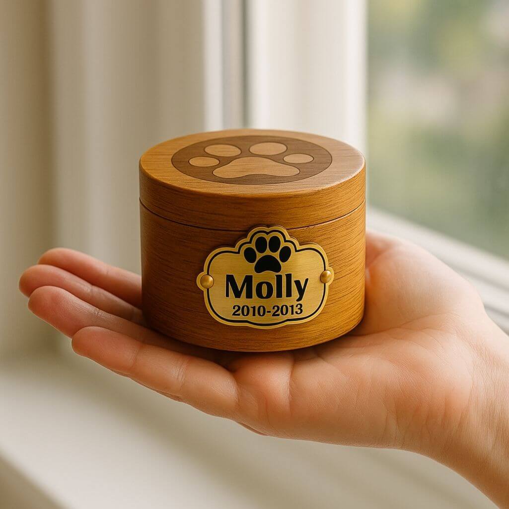 Personalised Wooden Dog Urn with Aluminium Plate  – Pet  Memorial Urn with Engraved Name & Dates