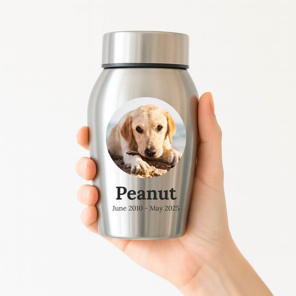 Personalised Dog Urn with Photo in a Heartfelt Halo Frame – Stainless Steel Memorial Urn with Name & Dates