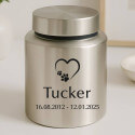 Personalised Dog Urn – Stainless Steel Memorial Urn  with Heart Paw Icon, Name & Dates