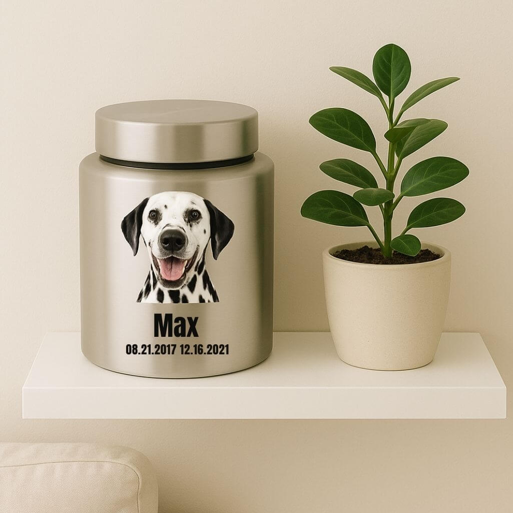 Personalised Dog Urn with Photo – Cylinder Stainless Steel Memorial Urn  with Name & Dates