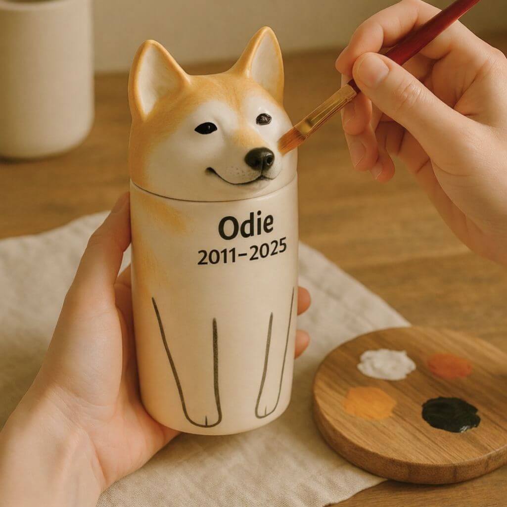 Personalised Handmade Ceramic Dog Urn by Breed – Custom Memorial Urn with Painted Portrait & Open Eyes Design