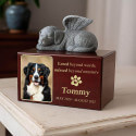 Personalised Wooden Dog Urn Box with Angel Dog Statue –  Pet Cremation Urn for Ashes with Photo, Name, Dates & Tribute