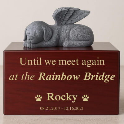 Personalised Wooden Dog Urn Box with Angel Dog... Personalised Wooden Dog Urn Box with Angel Dog...