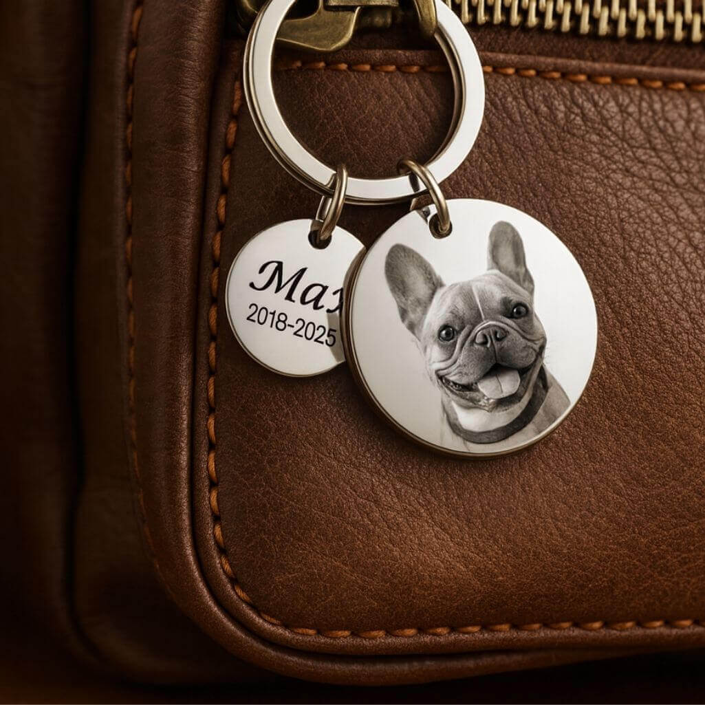 Personalised 2 Circles with Dog or Cat Photo Engraved Keyring