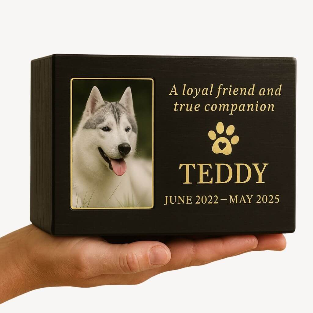 Personalised Black Wooden Dog Urn with Photo – Custom Memorial Box with Name, Dates & Tribute