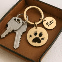 Personalised Dog Memorial 2-Charm Round Keyring - Engraved with Pet's Paw-Print & Name