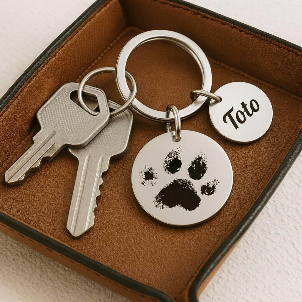 Personalised 2 Circles with Paw and Text Engraved Keyring