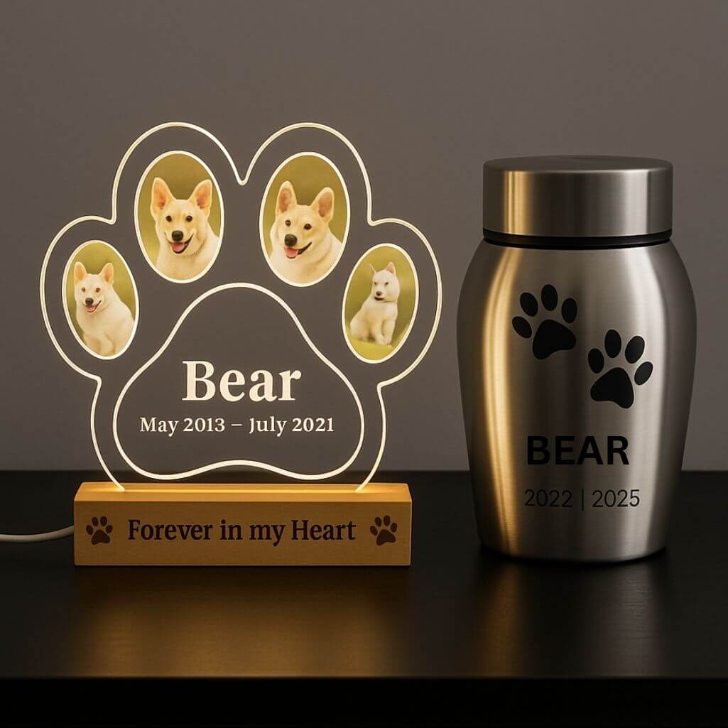 Personalised Dog Memorial Light with Four Photos – Paw-shaped LED Pet Tribute Lamp with Engraved Name & Dates on Acrylic Plaque