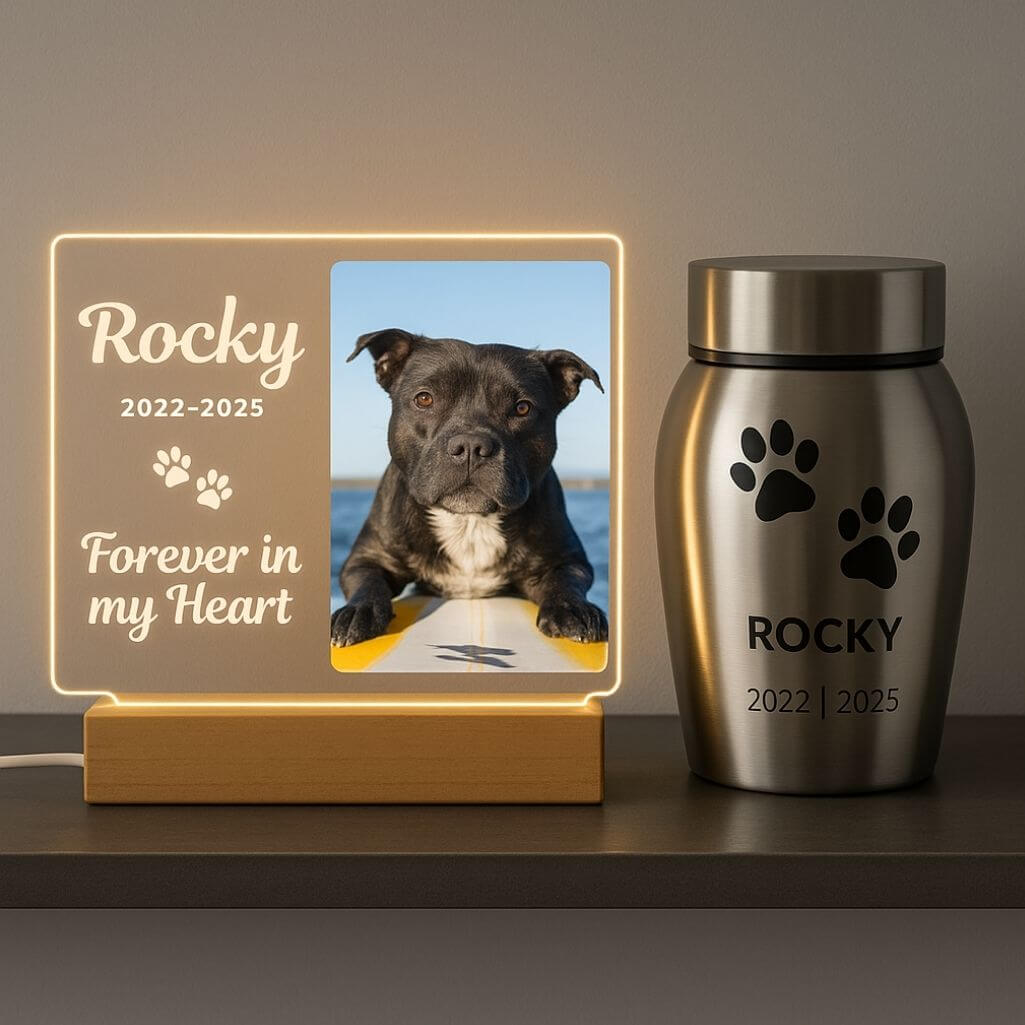 Personalised Dog Memorial Light with Photo – Rectangular Landscape LED Pet Tribute Lamp with Engraved Name & Dates on Acrylic Plaque