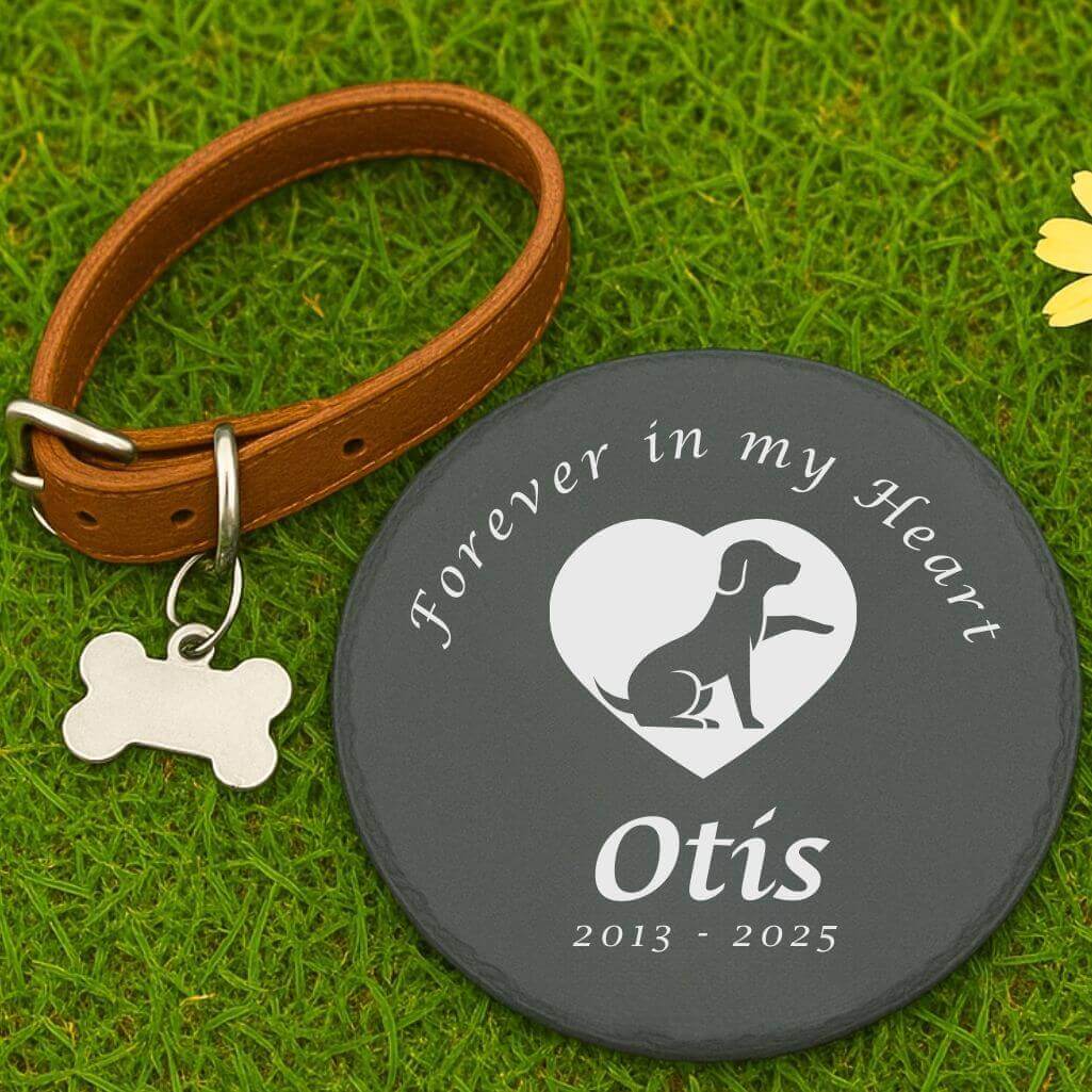 Personalised Round Dog Grave Marker – Slate Pet Memorial Garden Plaque with Dog Name, Dates, Tribute & Dog Angel Design